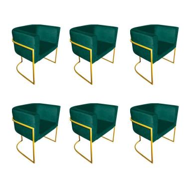 Imagem de Kit 6 Poltronas Decorativa Sala De Estar Base De Ferro Dourada Veludo Verde