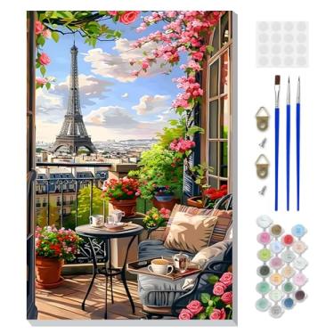 Imagem de DOMROM Kit de pintura de paisagem por números para adultos iniciantes com cavalete de madeira, kit de pintura de torre Eiffel DIY por números em tela, kits de pintura a óleo DIY para decoração de