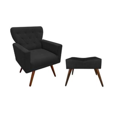 Imagem de Kit Poltrona Decorativa Aurora + 1 Puff Retangular Suede Preto Pés Mad