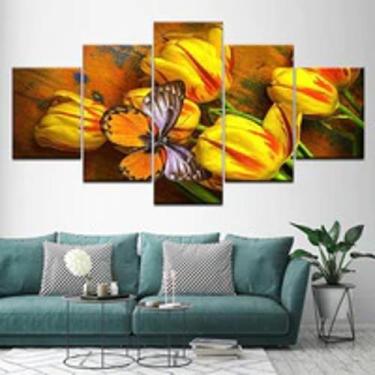Imagem de Quadro Decorativo Mosaico 5 Peças Borboleta E Tulipa Amarela - Kyme Qu