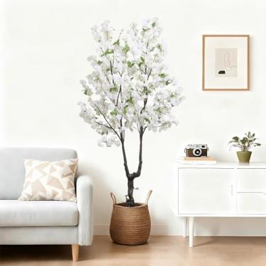 Imagem de DRACIT Árvore de cerejeira branca artificial de 1,82 m (183 cm) Planta verde sintética para decoração de interiores, árvore natural em vaso, flores de cerejeira realistas, tronco de madeira para casa