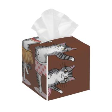 Imagem de Caixa de lenços de couro quadrada à prova d'água dançando animal gato organizador de papel facial com cinto inferior cubo estojo de lenços para mesa, banheiro, escritório, mesa, carro, decorativo