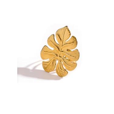 Imagem de Izpack Anel de declaração de folha de palmeira grande para mulheres, aço inoxidável, folhas de monstera, planta tropical, ajustável, aberta e ajustável, anéis de dedo para polegar, ajuste confortável