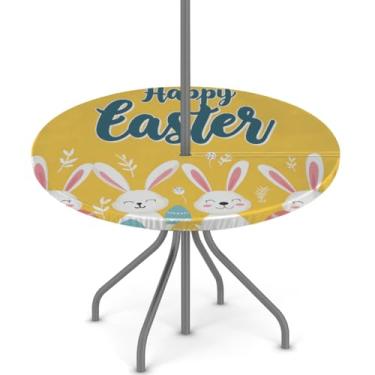 Imagem de hongjinglin Toalha de mesa de Páscoa para uso ao ar livre com orifício para guarda-chuva, toalha de mesa redonda elástica com zíper, impermeável, limpável, para piquenique, festa, pátio, serve para