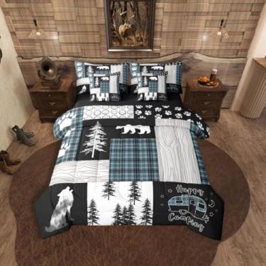 Imagem de Erosebridal Conjunto de cama solteiro rústico de 7 peças, com estampa de urso, lobo caçador, casa de fazenda, com lençóis, decoração de acampamento, trailer, patchwork, cama xadrez búfalo azul e preto