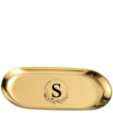 Imagem de Bandeja de metal dourada com monograma S Name com design floral, 18 x 9 cm, letra S gravada a laser, organizador de joias decorativo, anel personalizado para casamento
