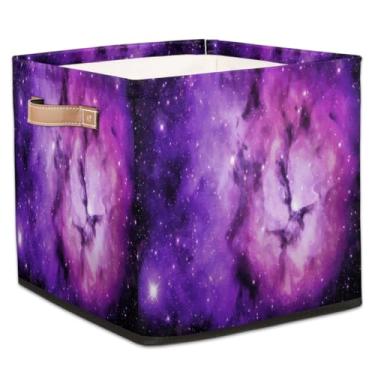 Imagem de hongjinglin Cestos dobráveis para armazenamento de cubos, roxo, céu estrelado, caixas dobráveis para crianças, brinquedo com alças, organizador de tecido, cesto organizador para berçário, sala de