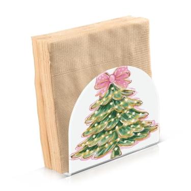Imagem de Blueangle Pacote com 2 porta-guardanapos de árvore de Natal rosa - decoração de mesa de acrílico à prova de vento para cozinha e casa, dispensador de lenços de férias com porta-guardanapos verticais