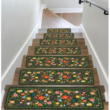 Imagem de Tapetes de escada florais para degraus de madeira antiderrapantes 20 x 76 cm, 15 peças, tapete de escada verde com fundo de borracha, lavável, reutilizável, tapetes de escada de segurança interna para