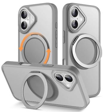 Imagem de MCKRO Capa para iPhone 16 Plus (6,7 polegadas), capa magnética à prova de choque com suporte giratório de 360°, compatível com carregador sem fio MagSafe (cinza)