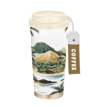 Imagem de SEHANY Caneca de viagem com palmeira de verão, 482 g, copos de café reutilizáveis revestidos de cerâmica com tampa à prova de vazamento, parede dupla, isolamento a vácuo, copo de café de aço