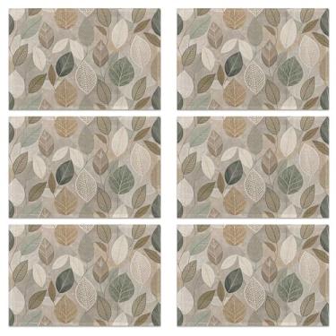 Imagem de Conjunto de 6 jogos americanos Boho com folhas verdes, linho de plástico para o verão, lavável para o Natal, Ação de Graças, festa e jantar, tapetes de mesa decorativos para mesa de 4 a 6 pessoas