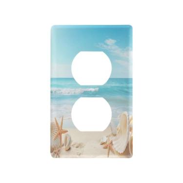Imagem de Blueangle Linda placa de parede com saída dupla de cena de praia, tamanho padrão, placas de cobertura de tomada elétrica de 1 gangue para decoração de quarto de escritório em casa, 4,53 x 2,76