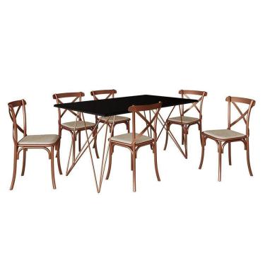 Imagem de Mesa De Jantar Industrial Com 6 Cadeiras Cobre Premium Cobre E Preto 150 Cm - Marrom