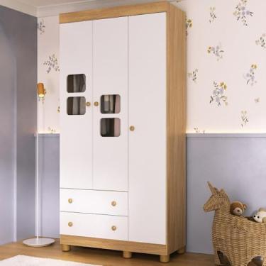 Imagem de Guarda-roupa Infantil 92cm com Vidro 3 Portas e 2 Gavetas Sol Multimóveis Mp4419 Madeirado/branco