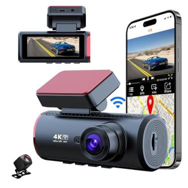 Imagem de Câmera veicular WiFi 4K para carros, câmera frontal e traseira de lente dupla 1080p DVR de carro, rastreador GPS com controle de aplicativo WiF integrado com tela de 8.0 cm, visão noturna, gravação em