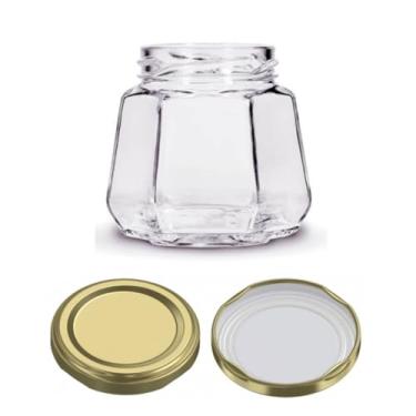 Imagem de Kit 3 unidades - Pote de vidro Sextavado - 230 ml - Tampas Douradas