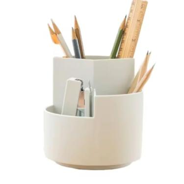 Imagem de Porta Caneta Giratório 3 Divisórias Organizador de Mesa (Bege)