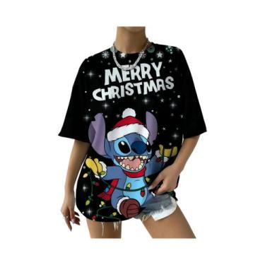 Imagem de Camiseta Feminina Oversized Disney Stitch De Natal Manga Curta Casual 