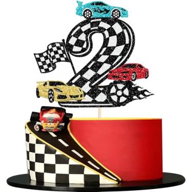 Imagem de Rsstarxi 1 Pack Race Car 2nd Birthday Cake Topper Glitter Black Hotwheels Cars Birthday Decorations for Boys Girls Two Years Old Checkered Flag Car Themed Party Cake Decorations Supplies