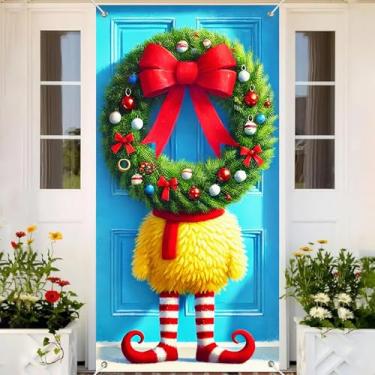 Imagem de BlissYard Capa de porta de Natal, guirlanda de pernas de elfo, 89 x 188 cm, fundo de cabine de fotos festiva para festas de fim de ano, faixa para porta da frente, tecido de poliéster, decoração
