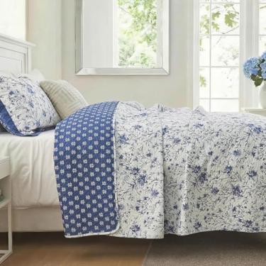 Imagem de FineStichery Colcha King 100% algodão, colcha king botânica azul e branca com fronhas, edredom acolchoado leve e macio, conjunto de cama reversível, decoração de casa de fazenda/campo