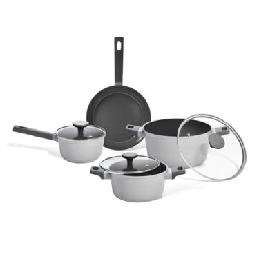 Imagem de Oikos - Jogo de Panelas Antiaderente Cerâmico 4 Peças para Fogão por Indução, a Gás, Elétrico e Vitrocerâmico Cor Cinza Mou Trufa