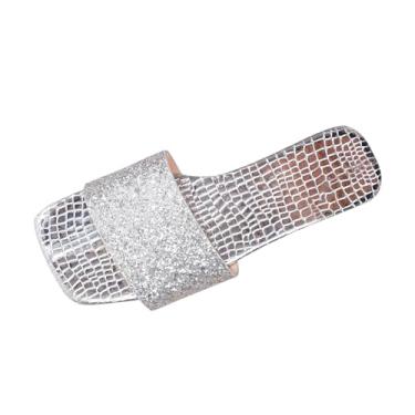 Imagem de Chinelos femininos de verão com boca de peixe com contas de strass para uso diário casual em design brilhante, Prata, 38