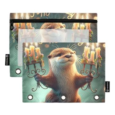 Imagem de GAIGEO Bolsa para lápis para meninas, 3 anéis, fichário com zíper, fichário floral, bolsos transparentes, lontra, presente de aniversário, 25 x 18 cm, 2 pacotes