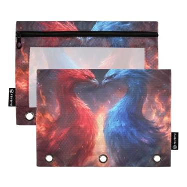 Imagem de Phoenixes Bolsa para lápis com estampa de pássaros vermelhos e azuis, 3 anéis, fichário com zíper, bolsa para lápis, caneta, fichário escolar, bolsos transparentes, macios, 25 x 18 cm, 2 pacotes