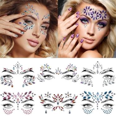 Imagem de 12 folhas de tatuagens com glíter, pedras de rosto, olhos, joias corporais, strass para maquiagem, adesivos de unhas de gema facial para acessórios de fantasia de borboleta de fada