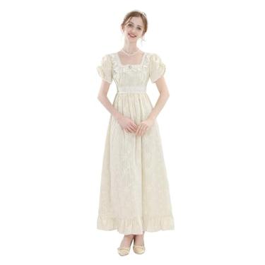 Imagem de LSYYSKB Vestido feminino regency vitoriano, vintage, vestido de baile, com cadarço, longo, branco, com luvas de casamento, Amarelo, G