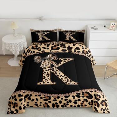 Imagem de Erosebridal Jogo de cama solteiro com laço de guepardo africano, para mulheres, meninas, adultos, conjunto de edredom com letra K, laço coquete, estampa de leopardo, conjunto de edredom moderno e