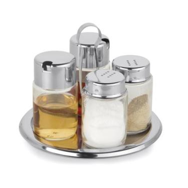 Imagem de Kit Galheteiro Vidro Redondo 5 Peças Base Inox Mesa Salada Saleiro Pim