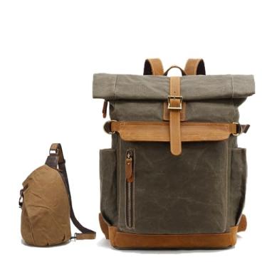 Imagem de Mochila Vintage De Lona Encerada Com Detalhes Em Couro E Bolsa De Peito De Lona Encerada | ImpermeáVel Para O Dia A Dia, Viagens E Atividades Ao Ar Livre.