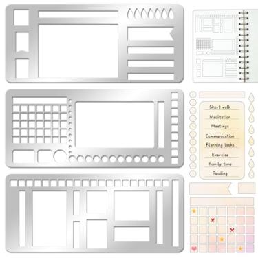 Imagem de 3 peças de estênceis de agenda para bala, modelo de registro de metal, 13 x 5,8 cm, modelo flexível de calendário de aço inoxidável, estêncil para divulgação semanal, desenho de lista de verificação