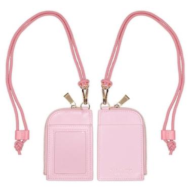 Imagem de kate spade new york Porta-crachá de identificação com cordão, carteira fina de couro vegano com zíper, capa com etiqueta de nome para trabalho, escola ou viagem (rosa)