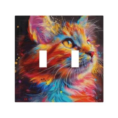 Imagem de Capas decorativas para interruptores de luz de gato colorido 2 gangues placa de parede com interruptor duplo capa decorativa para decoração de casa