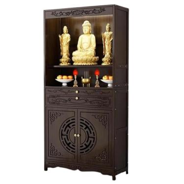 Imagem de Mesa de altar de meditação de bambu com armazenamento, mesa de oferta de buda chinês para casa, armário de nicho de oração budista, relaxamento e adivinhação (52 cm/20,4 pol.)