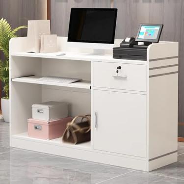 Imagem de Mesa de recepção branca moderna com gavetas com trava - Recepção de madeira para salão ou escritório - Balcão de caixa de varejo com design elegante (120 cm)