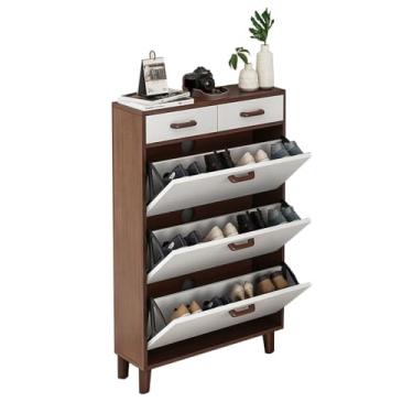 Imagem de Armário de sapatos de madeira com gavetas 3 portas dobráveis armário de sapatos independente armazenamento duplo pequeno espaço estreito armário de sapatos com prateleiras removíveis para entradas