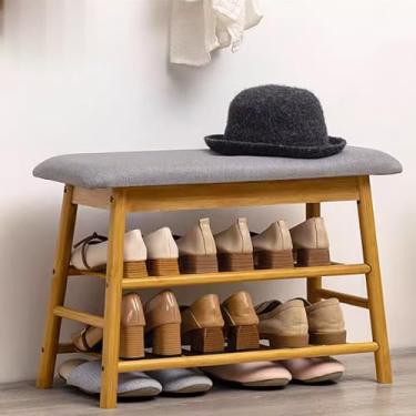 Imagem de Sapateira de bambu com capa flip – Armário organizador de sapatos de entrada, pequeno banco de sapato com armazenamento, rack de armazenamento de sapatos de bambu de 2 níveis - ideal para entradas