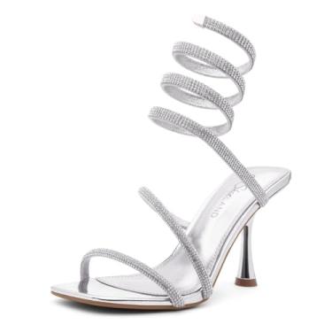 Imagem de Shoe Land Charming2 Salto feminino com strass, bico quadrado aberto salto alto com tira espiral no tornozelo – Sandálias espirais espirais de cristal de cristal para festas, Silversilver, 35