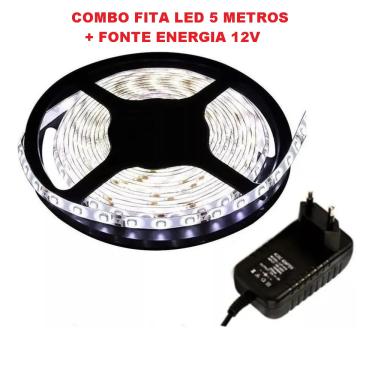 Imagem de Kit Fita de Led Branco Frio 6000k com 5 Metros + Fonte Energia 12v Bivolt