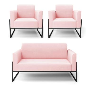 Imagem de Sofá Namoradeira Com 2 Poltronas Base Industrial Alta Preto Marisa Suede D03 - D\'rossi Cor Rosa Bebê