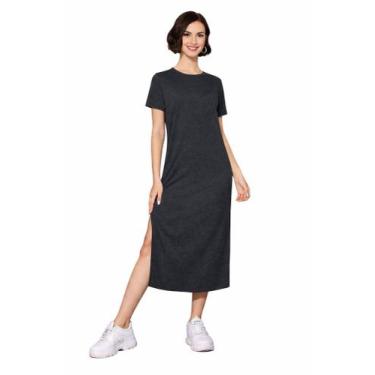 Imagem de Vestido Feminino Midi Manga Curta Gola Redonda Tribo Livre, Cinza escu