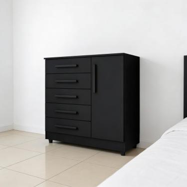 Imagem de Cômoda Quarto 5 Gavetas 1 Porta Com Chave 2 Divisórias - Preto Preto
