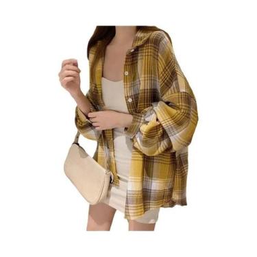 Imagem de Camisa Jaqueta Xadrez Tartan Oversized Feminina Manga Longa Com Botões