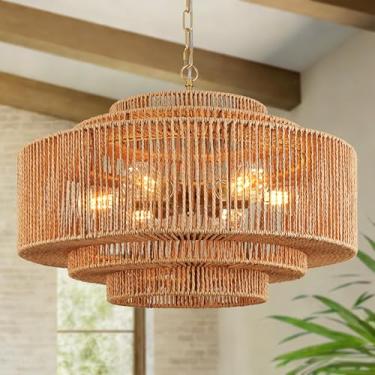 Imagem de Bagood 24" Rattan Pendant Light Gold Rattan Chandelier Light Luminária 3-Tier Hand-Woven Rattan Chandelier 6 Luzes Vime Pendant Light Luminárias Rústicas Boho Pendant Light Para Sala De Jantar Quarto