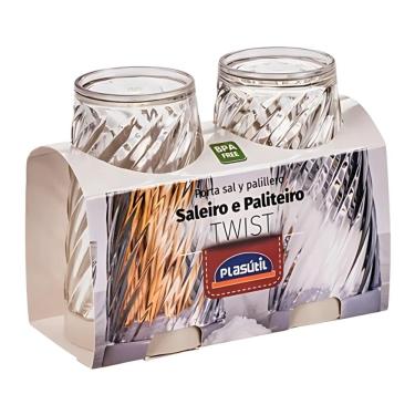 Imagem de Conjunto Saleiro e Paliteiro Twist para Temperos em Plástico Cristal com Base Invertida para Mesa Transparente Plasútil